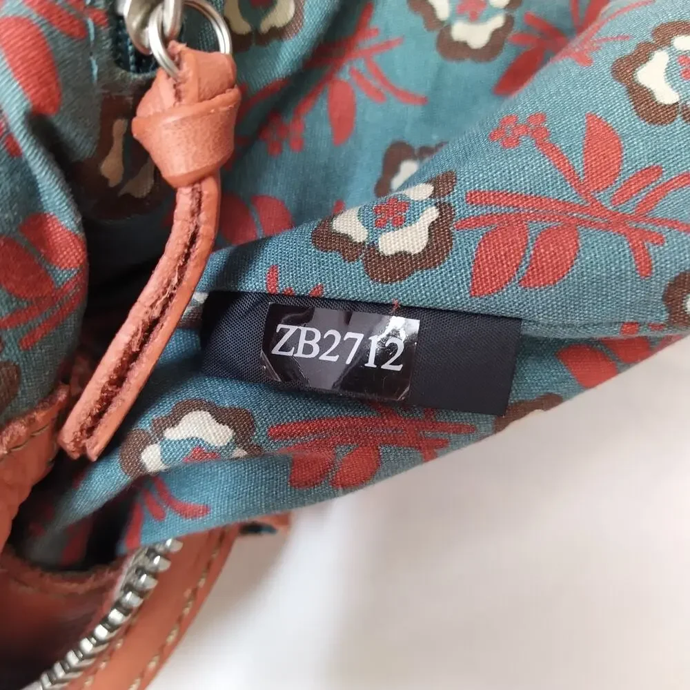 Fossil Orange Leather Floral Double Handles Zipper Closure Satchel Shoulder Bag